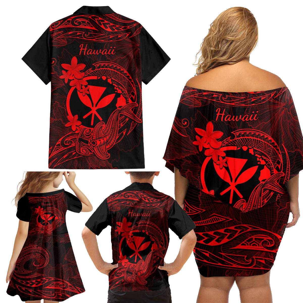 Hawaii Family Matching Off Shoulder Short Dress and Hawaiian Shirt Hammerhead Shark Tattoo Mix Polynesian Plumeria Red Version LT14 - Polynesian Pride