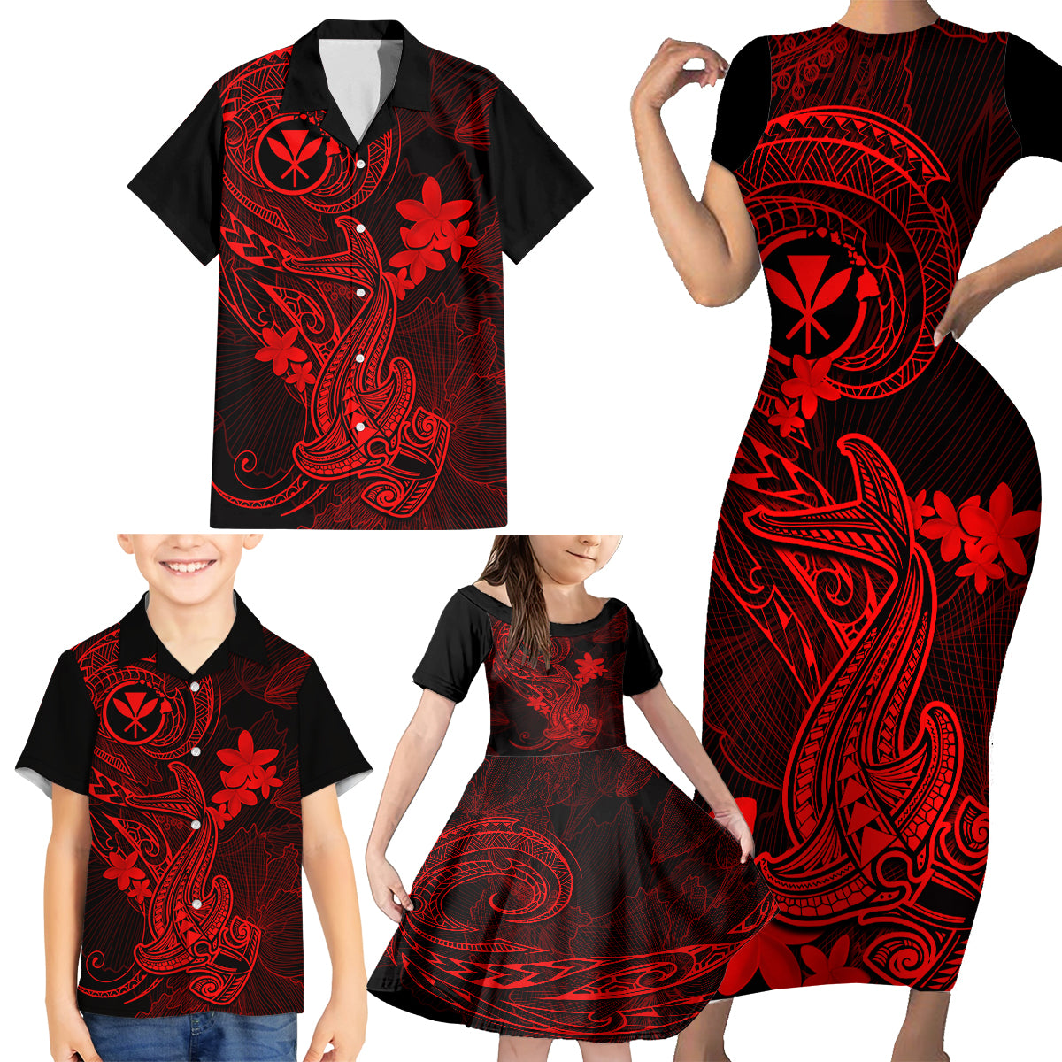 Hawaii Family Matching Short Sleeve Bodycon Dress and Hawaiian Shirt Hammerhead Shark Tattoo Mix Polynesian Plumeria Red Version LT14 - Polynesian Pride