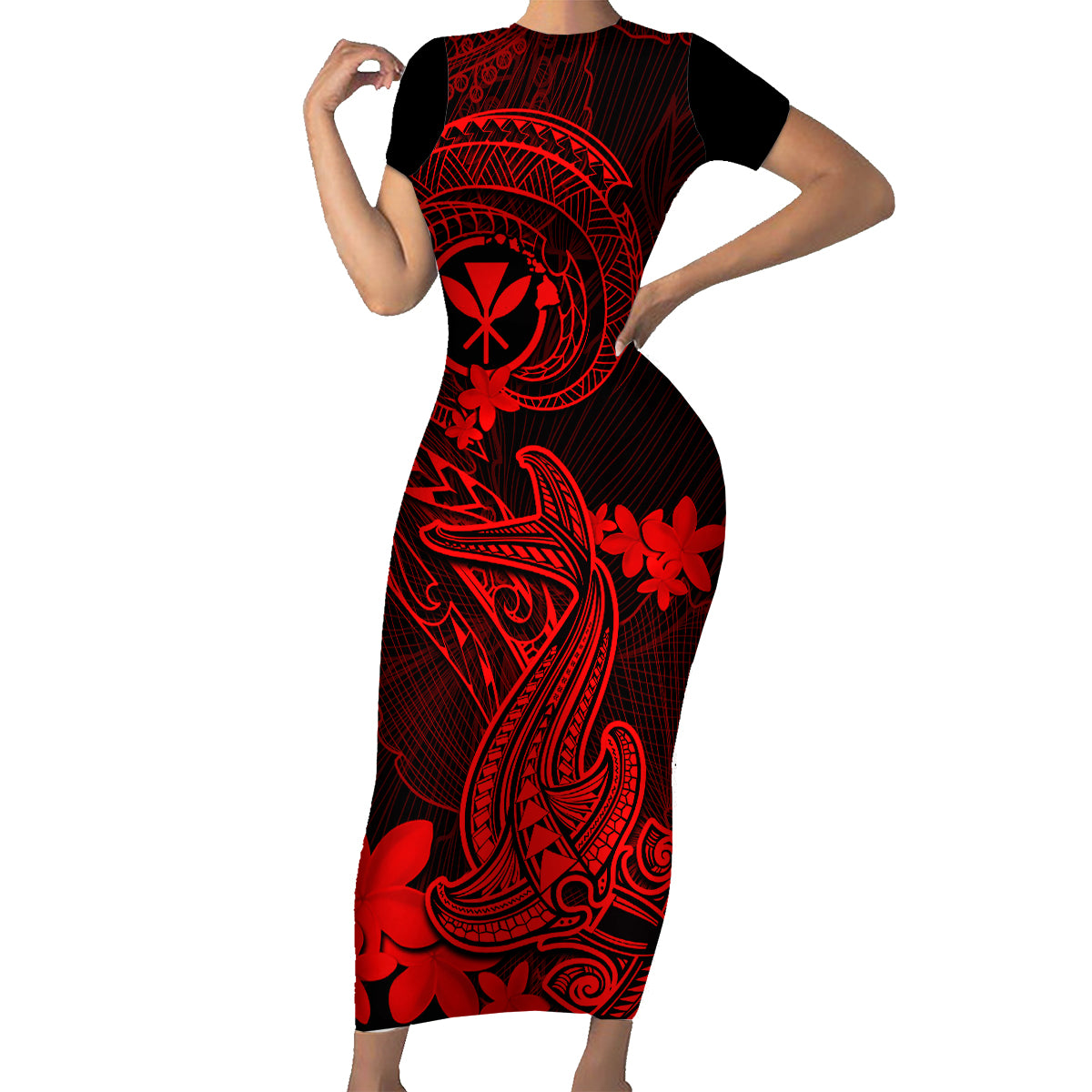 Hawaii Family Matching Short Sleeve Bodycon Dress and Hawaiian Shirt Hammerhead Shark Tattoo Mix Polynesian Plumeria Red Version LT14 Mom's Dress Red - Polynesian Pride