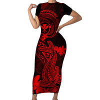 Hawaii Family Matching Short Sleeve Bodycon Dress and Hawaiian Shirt Hammerhead Shark Tattoo Mix Polynesian Plumeria Red Version LT14 Mom's Dress Red - Polynesian Pride