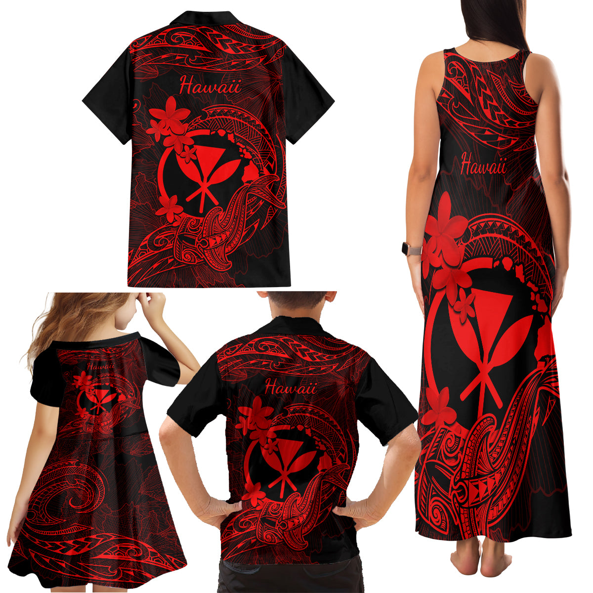 Hawaii Family Matching Tank Maxi Dress and Hawaiian Shirt Hammerhead Shark Tattoo Mix Polynesian Plumeria Red Version LT14 - Polynesian Pride