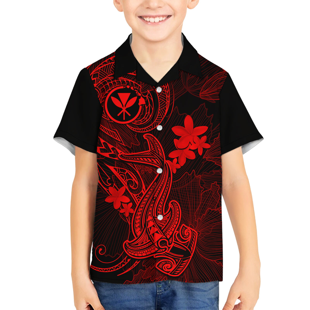 hawaii-kid-hawaiian-shirt-hammerhead-shark-tattoo-mix-polynesian-plumeria-red-version