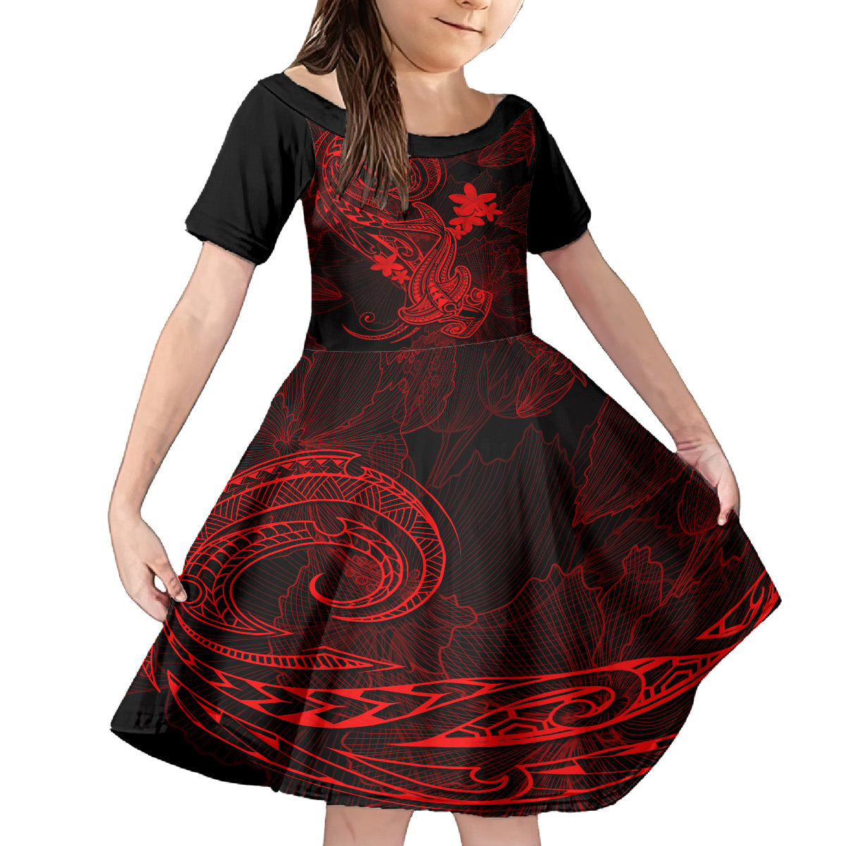 hawaii-kid-short-sleeve-dress-hammerhead-shark-tattoo-mix-polynesian-plumeria-red-version
