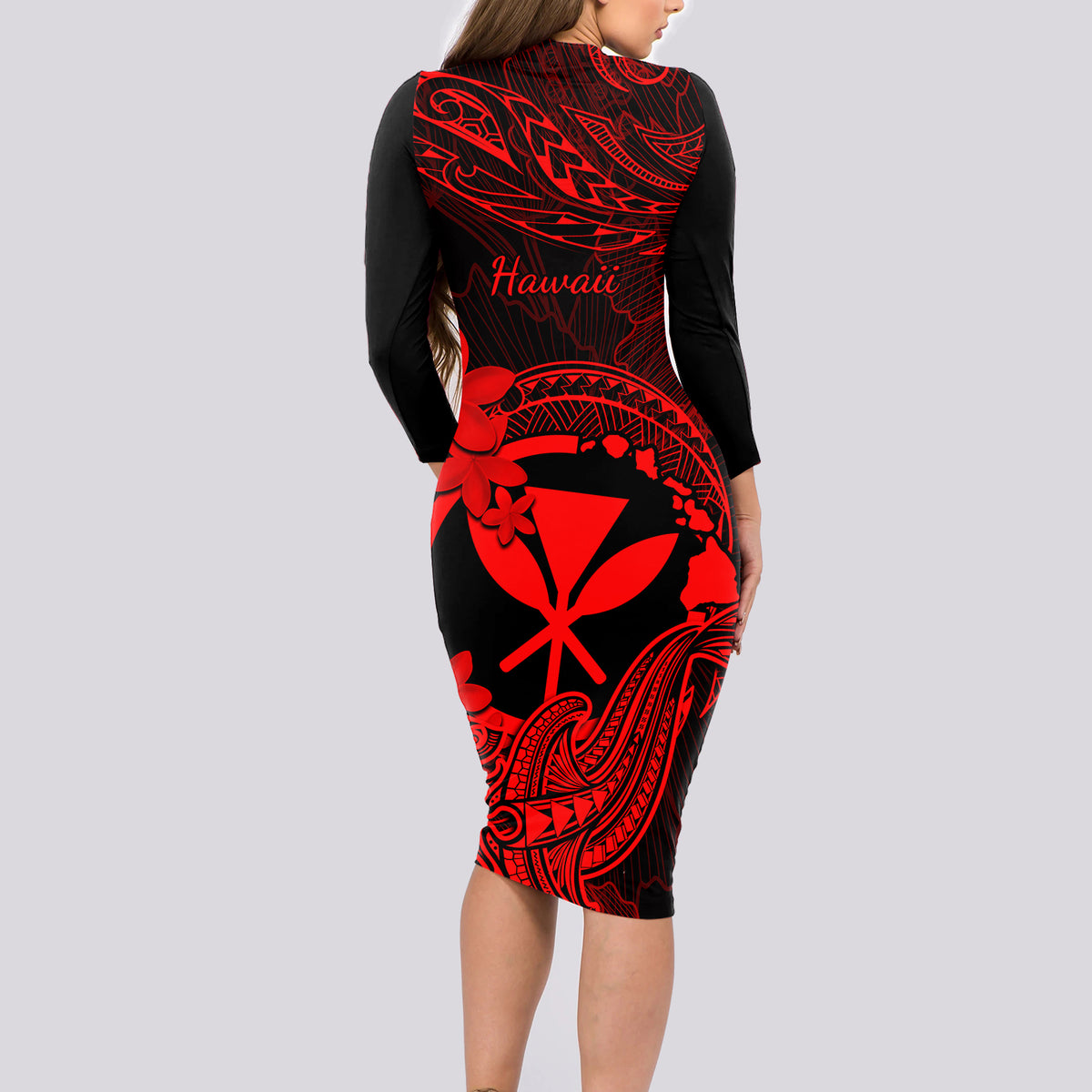 hawaii-long-sleeve-bodycon-dress-hammerhead-shark-tattoo-mix-polynesian-plumeria-red-version