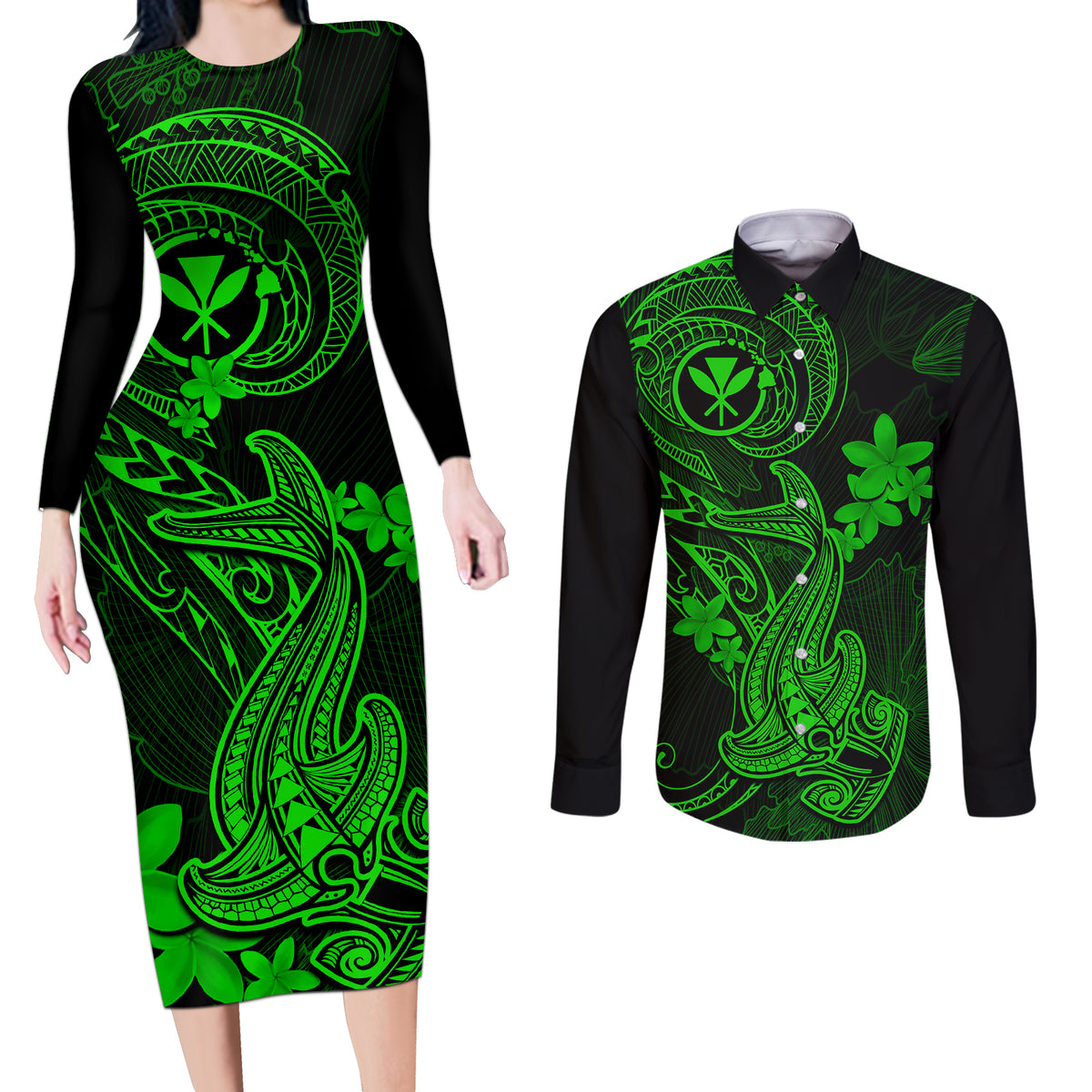 hawaii-couples-matching-long-sleeve-bodycon-dress-and-long-sleeve-button-shirts-hammerhead-shark-tattoo-mix-polynesian-plumeria-green-version