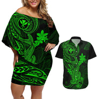 hawaii-couples-matching-off-shoulder-short-dress-and-hawaiian-shirt-hammerhead-shark-tattoo-mix-polynesian-plumeria-green-version