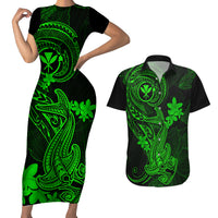 Hawaii Couples Matching Short Sleeve Bodycon Dress and Hawaiian Shirt Hammerhead Shark Tattoo Mix Polynesian Plumeria Green Version LT14 Green - Polynesian Pride