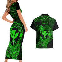 Hawaii Couples Matching Short Sleeve Bodycon Dress and Hawaiian Shirt Hammerhead Shark Tattoo Mix Polynesian Plumeria Green Version LT14 - Polynesian Pride