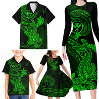 Hawaii Family Matching Long Sleeve Bodycon Dress and Hawaiian Shirt Hammerhead Shark Tattoo Mix Polynesian Plumeria Green Version LT14 - Polynesian Pride