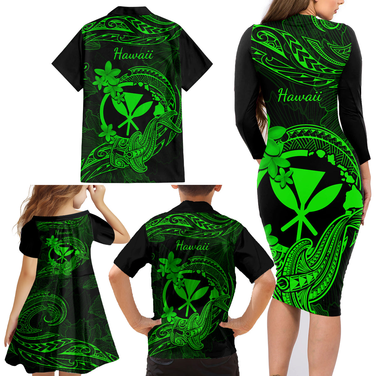 Hawaii Family Matching Long Sleeve Bodycon Dress and Hawaiian Shirt Hammerhead Shark Tattoo Mix Polynesian Plumeria Green Version LT14 - Polynesian Pride