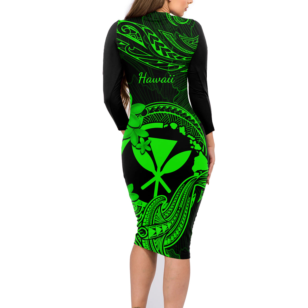 Hawaii Family Matching Long Sleeve Bodycon Dress and Hawaiian Shirt Hammerhead Shark Tattoo Mix Polynesian Plumeria Green Version LT14 - Polynesian Pride