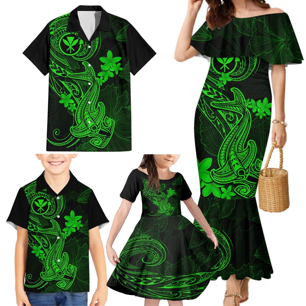 Hawaii Family Matching Mermaid Dress and Hawaiian Shirt Hammerhead Shark Tattoo Mix Polynesian Plumeria Green Version LT14 - Polynesian Pride
