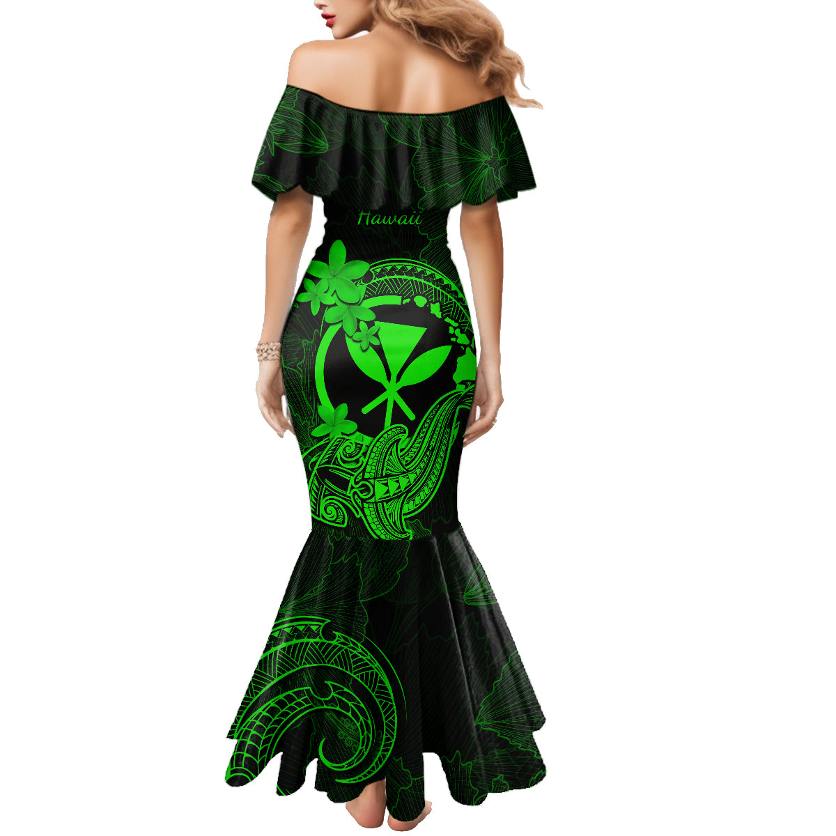 Hawaii Family Matching Mermaid Dress and Hawaiian Shirt Hammerhead Shark Tattoo Mix Polynesian Plumeria Green Version LT14 - Polynesian Pride