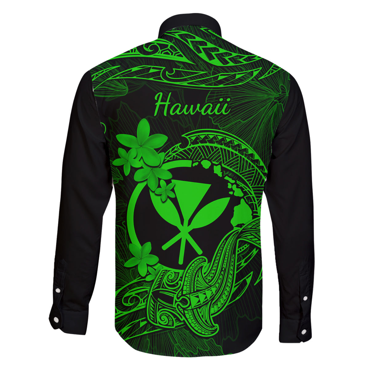Hawaii Family Matching Off Shoulder Long Sleeve Dress and Hawaiian Shirt Hammerhead Shark Tattoo Mix Polynesian Plumeria Green Version LT14 - Polynesian Pride