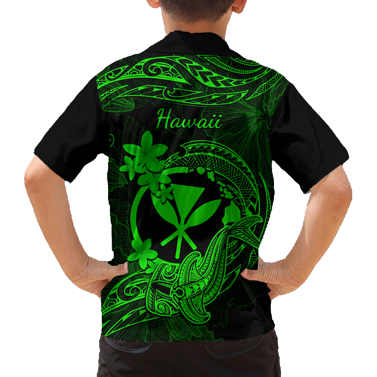Hawaii Family Matching Off Shoulder Maxi Dress and Hawaiian Shirt Hammerhead Shark Tattoo Mix Polynesian Plumeria Green Version LT14 - Polynesian Pride