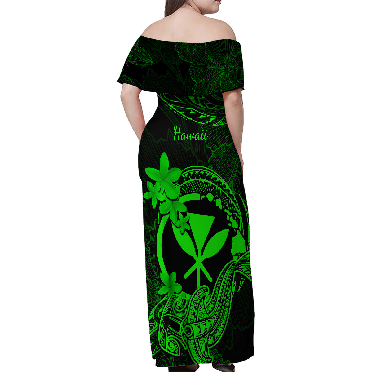 Hawaii Family Matching Off Shoulder Maxi Dress and Hawaiian Shirt Hammerhead Shark Tattoo Mix Polynesian Plumeria Green Version LT14 - Polynesian Pride