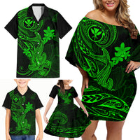 Hawaii Family Matching Off Shoulder Short Dress and Hawaiian Shirt Hammerhead Shark Tattoo Mix Polynesian Plumeria Green Version LT14 - Polynesian Pride