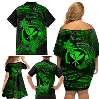 Hawaii Family Matching Off Shoulder Short Dress and Hawaiian Shirt Hammerhead Shark Tattoo Mix Polynesian Plumeria Green Version LT14 - Polynesian Pride