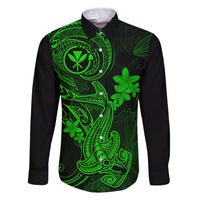 Hawaii Family Matching Off Shoulder Short Dress and Hawaiian Shirt Hammerhead Shark Tattoo Mix Polynesian Plumeria Green Version LT14 Dad's Shirt - Long Sleeve Green - Polynesian Pride