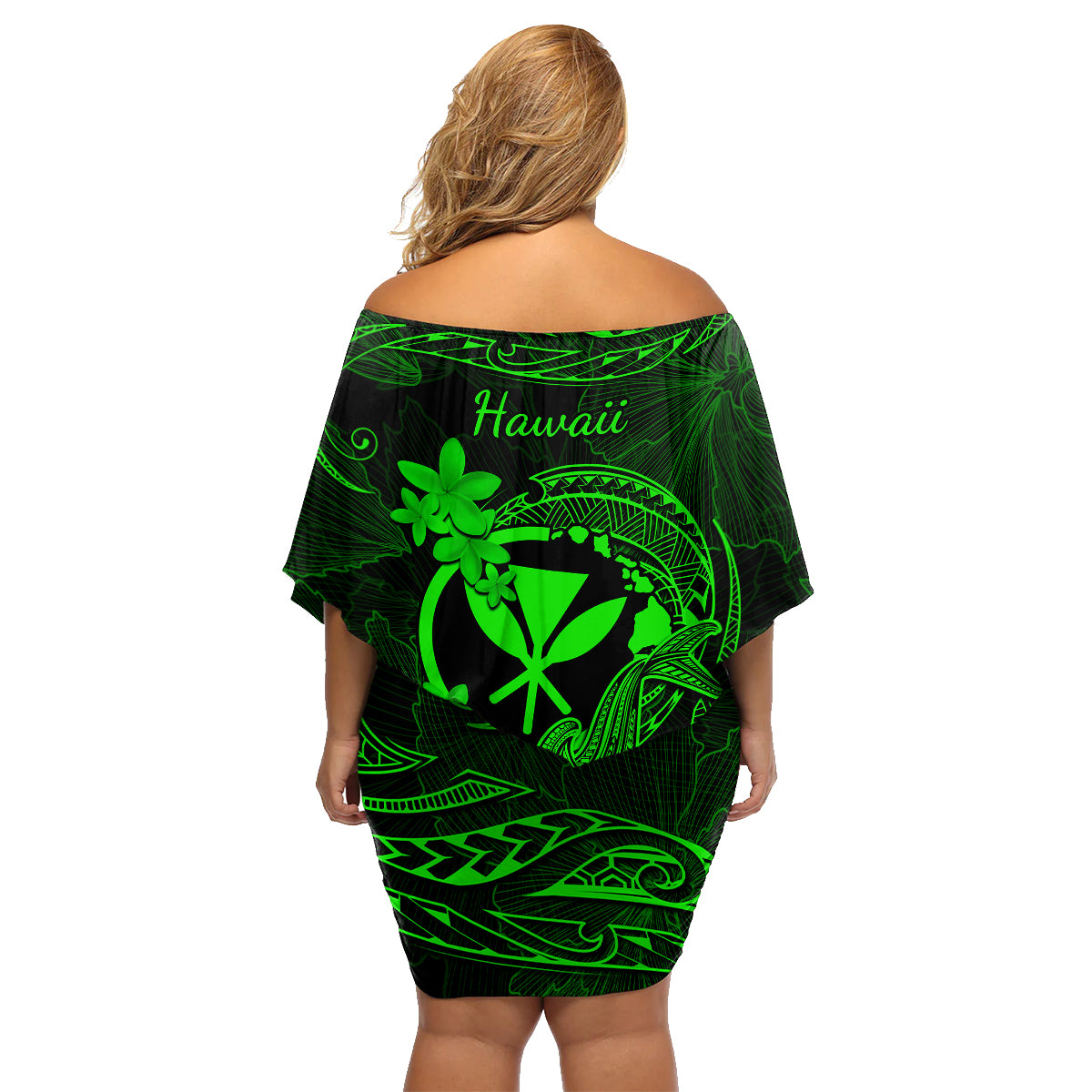 Hawaii Family Matching Off Shoulder Short Dress and Hawaiian Shirt Hammerhead Shark Tattoo Mix Polynesian Plumeria Green Version LT14 - Polynesian Pride