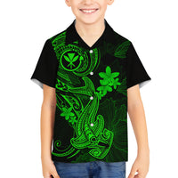 Hawaii Family Matching Off Shoulder Short Dress and Hawaiian Shirt Hammerhead Shark Tattoo Mix Polynesian Plumeria Green Version LT14 Son's Shirt Green - Polynesian Pride