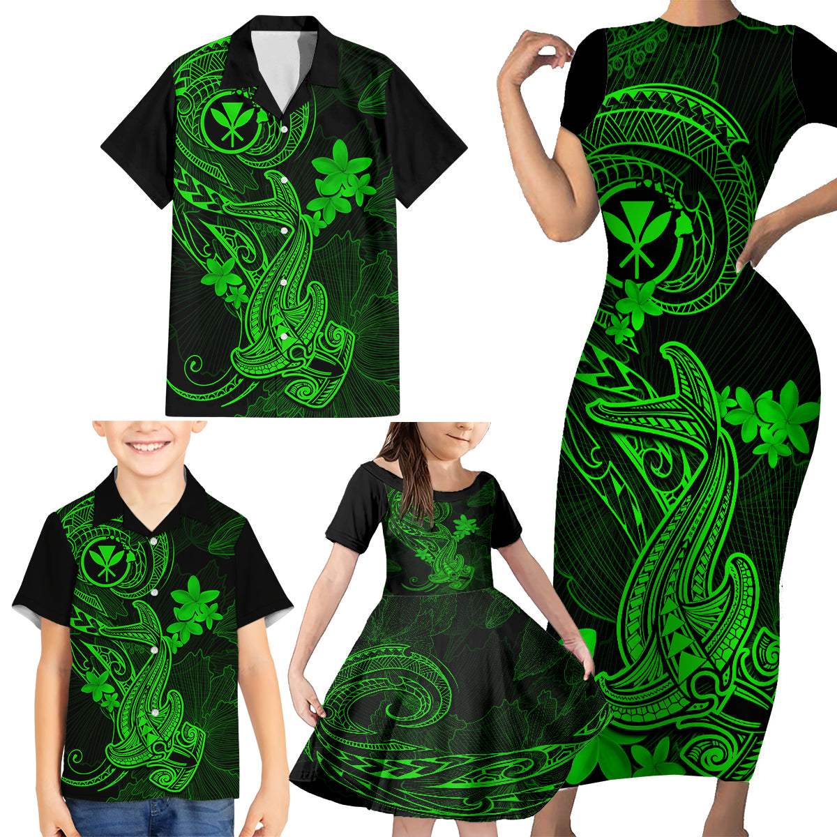 Hawaii Family Matching Short Sleeve Bodycon Dress and Hawaiian Shirt Hammerhead Shark Tattoo Mix Polynesian Plumeria Green Version LT14 - Polynesian Pride