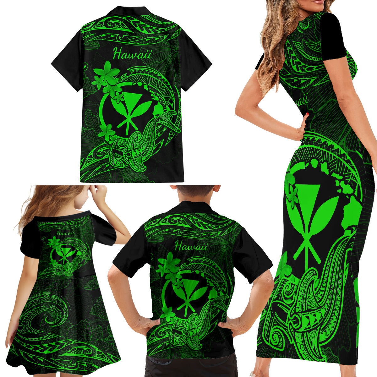 Hawaii Family Matching Short Sleeve Bodycon Dress and Hawaiian Shirt Hammerhead Shark Tattoo Mix Polynesian Plumeria Green Version LT14 - Polynesian Pride
