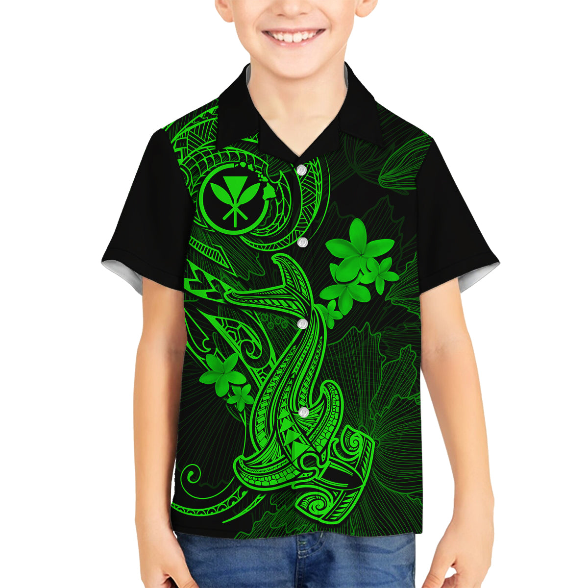 Hawaii Family Matching Short Sleeve Bodycon Dress and Hawaiian Shirt Hammerhead Shark Tattoo Mix Polynesian Plumeria Green Version LT14 Son's Shirt Green - Polynesian Pride
