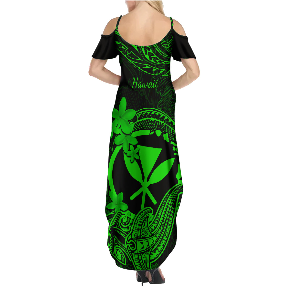 Hawaii Family Matching Summer Maxi Dress and Hawaiian Shirt Hammerhead Shark Tattoo Mix Polynesian Plumeria Green Version LT14 - Polynesian Pride