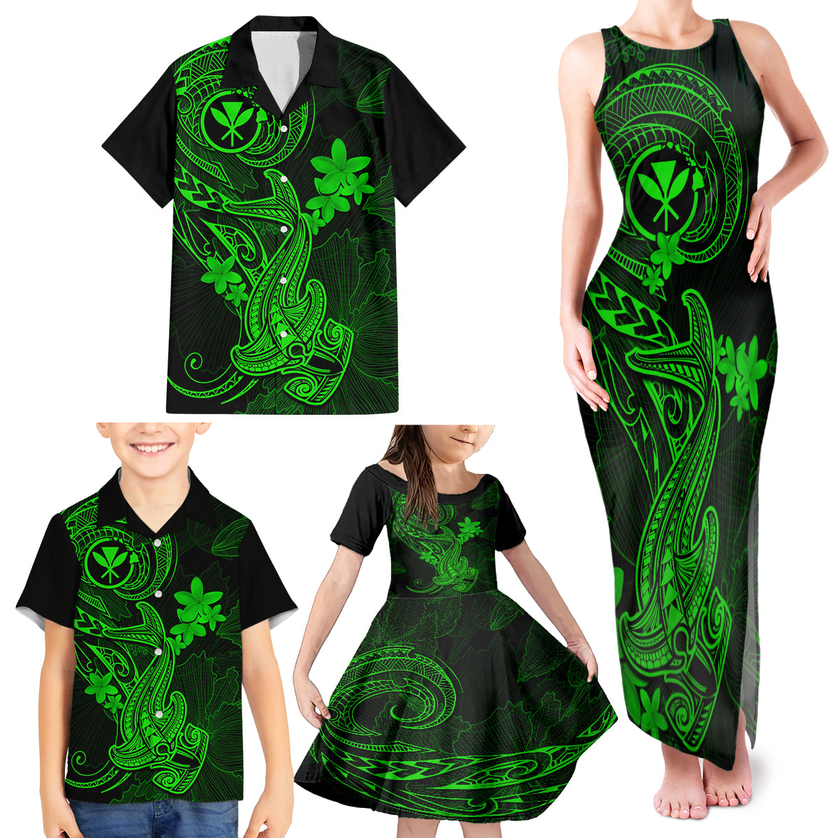 Hawaii Family Matching Tank Maxi Dress and Hawaiian Shirt Hammerhead Shark Tattoo Mix Polynesian Plumeria Green Version LT14 - Polynesian Pride