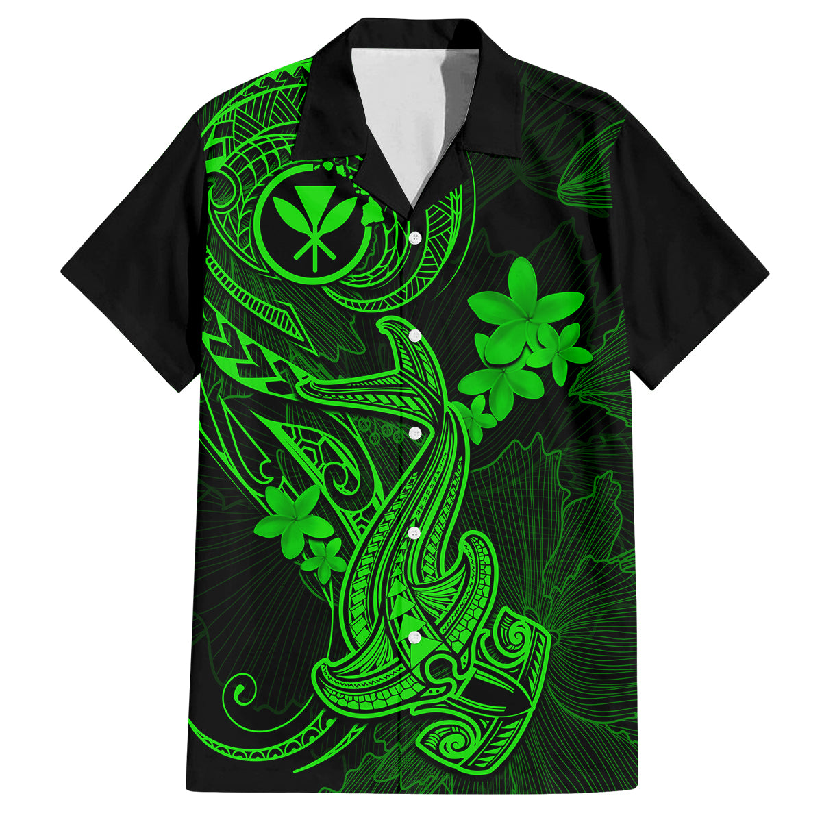 Hawaii Family Matching Tank Maxi Dress and Hawaiian Shirt Hammerhead Shark Tattoo Mix Polynesian Plumeria Green Version LT14 Dad's Shirt - Short Sleeve Green - Polynesian Pride