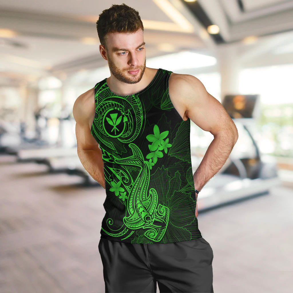 hawaii-men-tank-top-hammerhead-shark-tattoo-mix-polynesian-plumeria-green-version