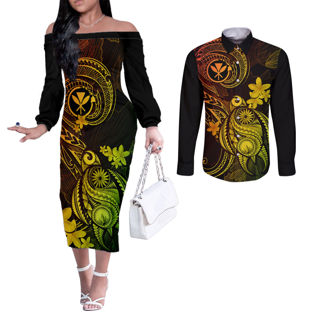 hawaii-couples-matching-off-the-shoulder-long-sleeve-dress-and-long-sleeve-button-shirts-turtle-mix-polynesian-plumeria-reggae-version