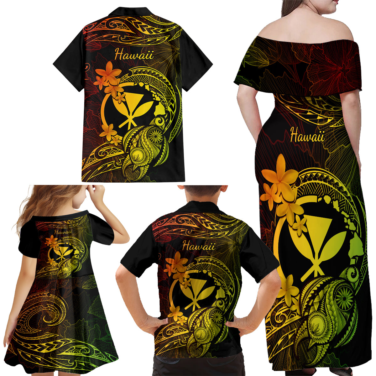 hawaii-family-matching-off-shoulder-maxi-dress-and-hawaiian-shirt-turtle-mix-polynesian-plumeria-reggae-version