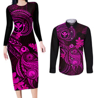 hawaii-couples-matching-long-sleeve-bodycon-dress-and-long-sleeve-button-shirts-turtle-mix-polynesian-plumeria-pink-version