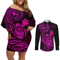 hawaii-couples-matching-off-shoulder-short-dress-and-long-sleeve-button-shirts-turtle-mix-polynesian-plumeria-pink-version