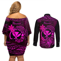 hawaii-couples-matching-off-shoulder-short-dress-and-long-sleeve-button-shirts-turtle-mix-polynesian-plumeria-pink-version