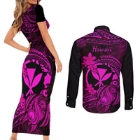 hawaii-couples-matching-short-sleeve-bodycon-dress-and-long-sleeve-button-shirts-turtle-mix-polynesian-plumeria-pink-version