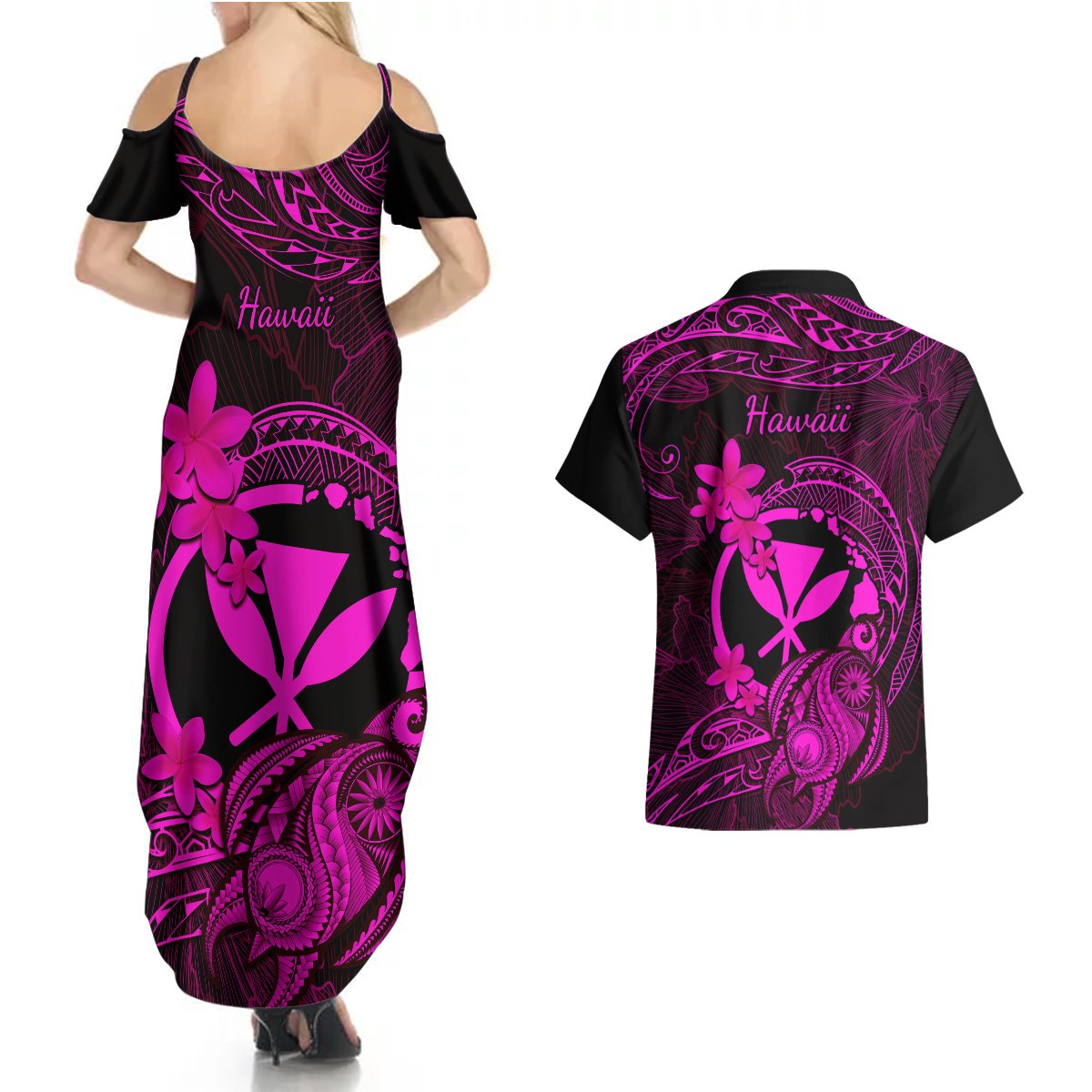 hawaii-couples-matching-summer-maxi-dress-and-hawaiian-shirt-turtle-mix-polynesian-plumeria-pink-version
