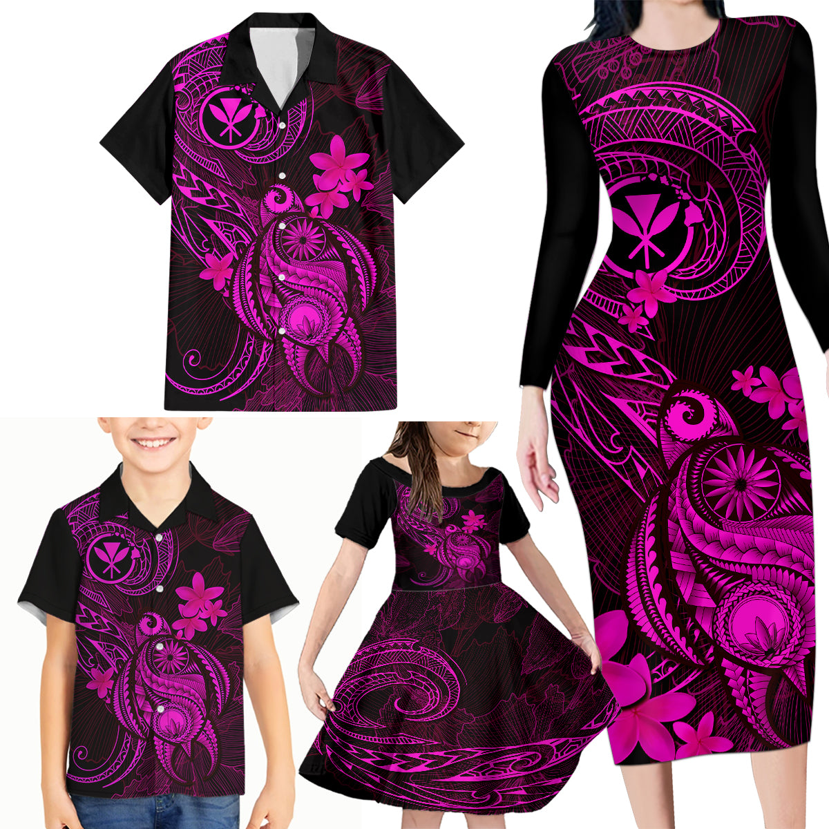 Hawaii Family Matching Long Sleeve Bodycon Dress and Hawaiian Shirt Turtle Mix Polynesian Plumeria Pink Version LT14 - Polynesian Pride