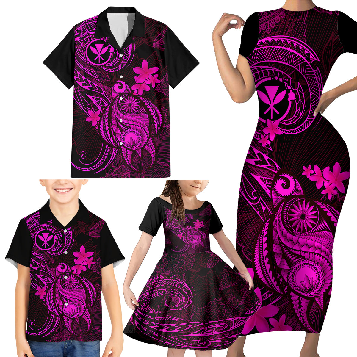 Hawaii Family Matching Short Sleeve Bodycon Dress and Hawaiian Shirt Turtle Mix Polynesian Plumeria Pink Version LT14 - Polynesian Pride