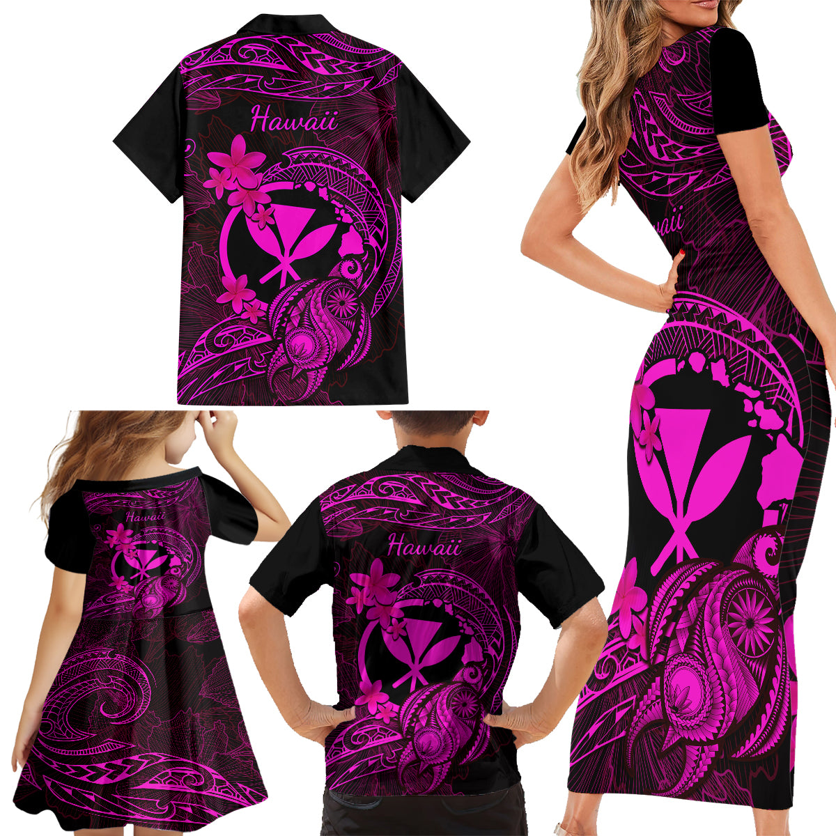 Hawaii Family Matching Short Sleeve Bodycon Dress and Hawaiian Shirt Turtle Mix Polynesian Plumeria Pink Version LT14 - Polynesian Pride