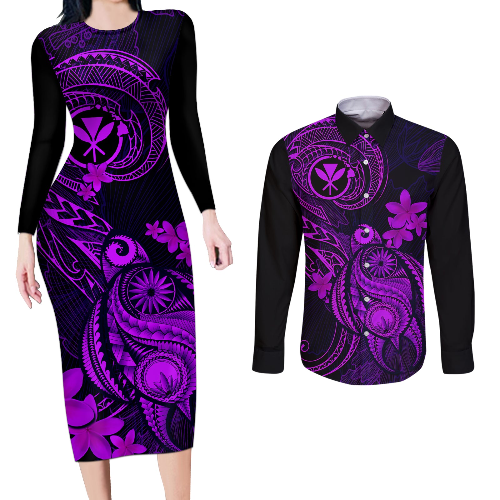 hawaii-couples-matching-long-sleeve-bodycon-dress-and-long-sleeve-button-shirts-turtle-mix-polynesian-plumeria-purple-version