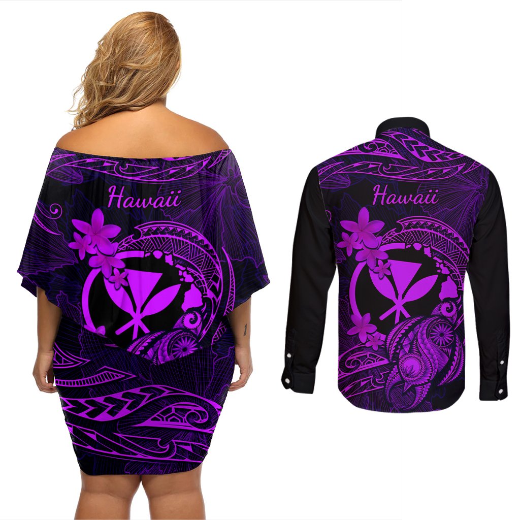 hawaii-couples-matching-off-shoulder-short-dress-and-long-sleeve-button-shirts-turtle-mix-polynesian-plumeria-purple-version