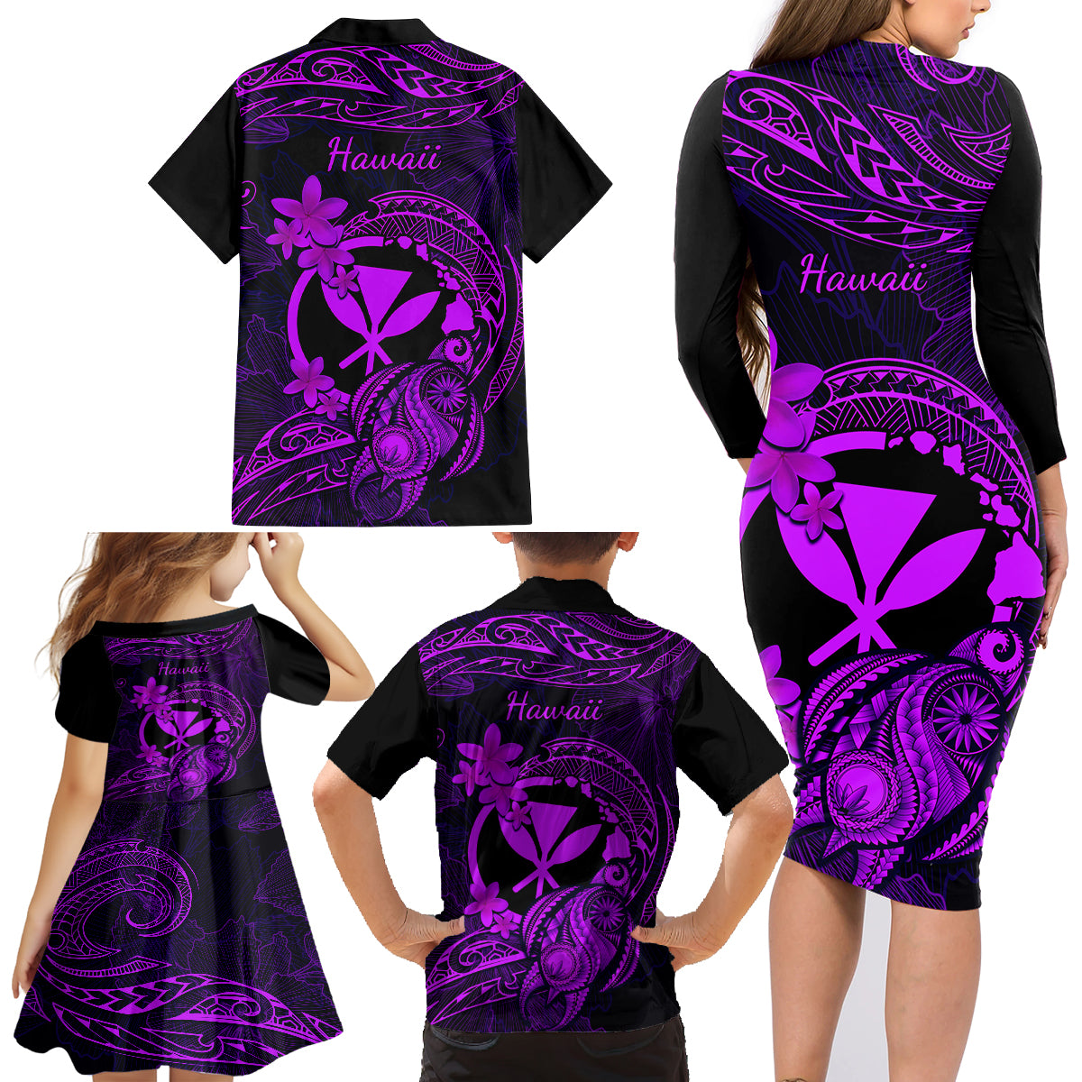 Hawaii Family Matching Long Sleeve Bodycon Dress and Hawaiian Shirt Turtle Mix Polynesian Plumeria Purple Version LT14 - Polynesian Pride