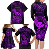 Hawaii Family Matching Long Sleeve Bodycon Dress and Hawaiian Shirt Turtle Mix Polynesian Plumeria Purple Version LT14 - Polynesian Pride