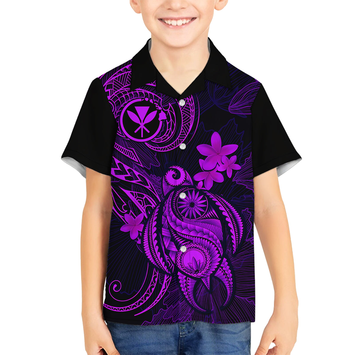 Hawaii Family Matching Off Shoulder Long Sleeve Dress and Hawaiian Shirt Turtle Mix Polynesian Plumeria Purple Version LT14 Son's Shirt Purple - Polynesian Pride