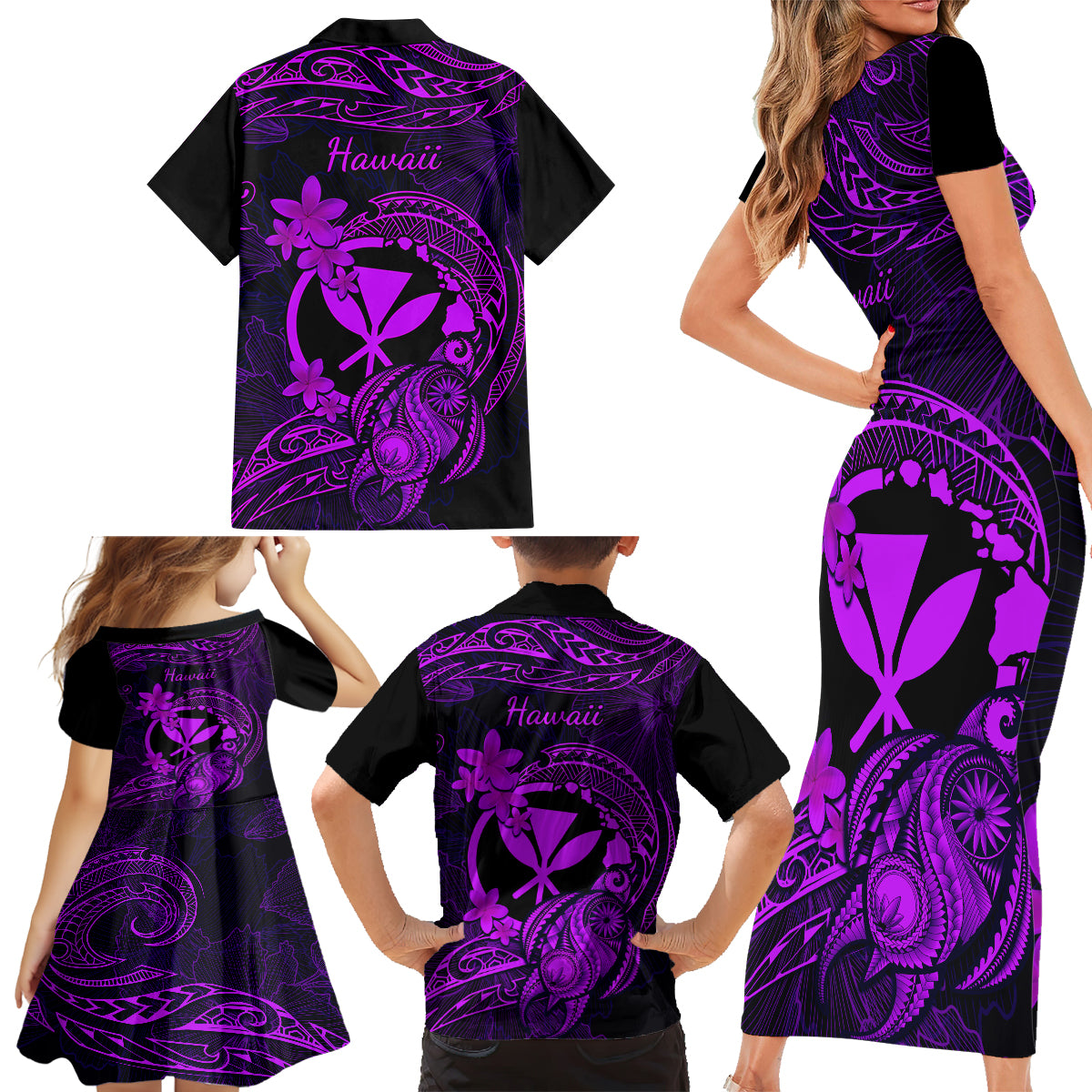 Hawaii Family Matching Short Sleeve Bodycon Dress and Hawaiian Shirt Turtle Mix Polynesian Plumeria Purple Version LT14 - Polynesian Pride