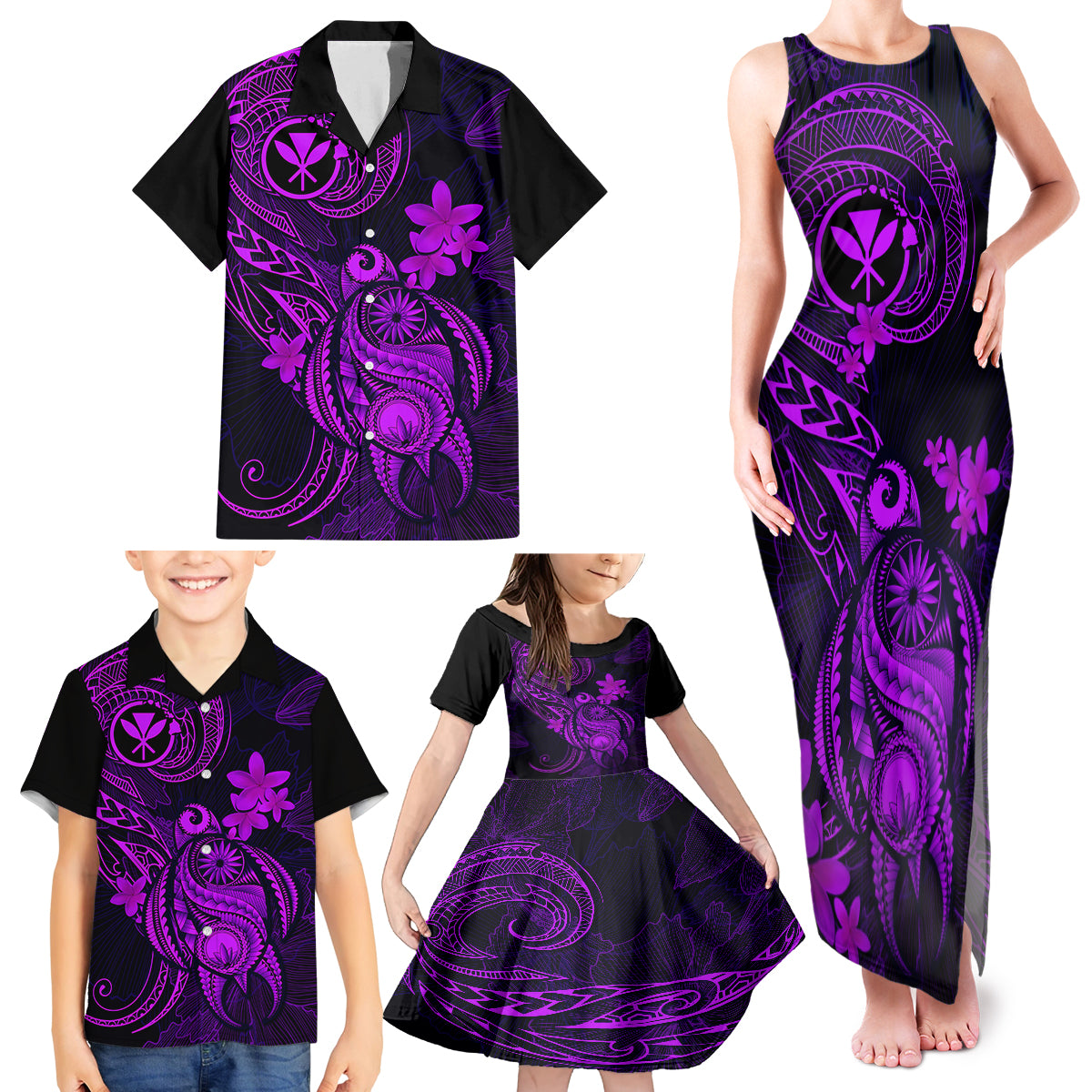 Hawaii Family Matching Tank Maxi Dress and Hawaiian Shirt Turtle Mix Polynesian Plumeria Purple Version LT14 - Polynesian Pride