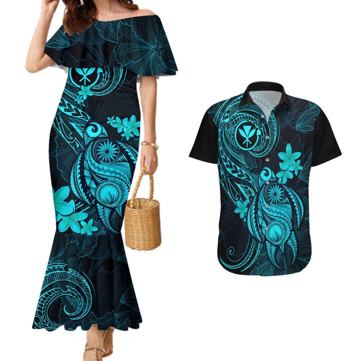 hawaii-couples-matching-mermaid-dress-and-hawaiian-shirt-turtle-mix-polynesian-plumeria-turquoise-version